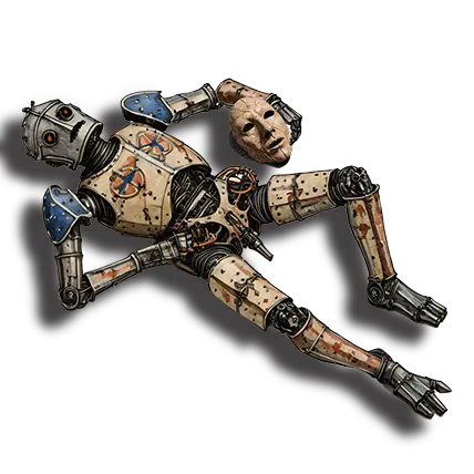 Een kapotte robot met een menselijk masker